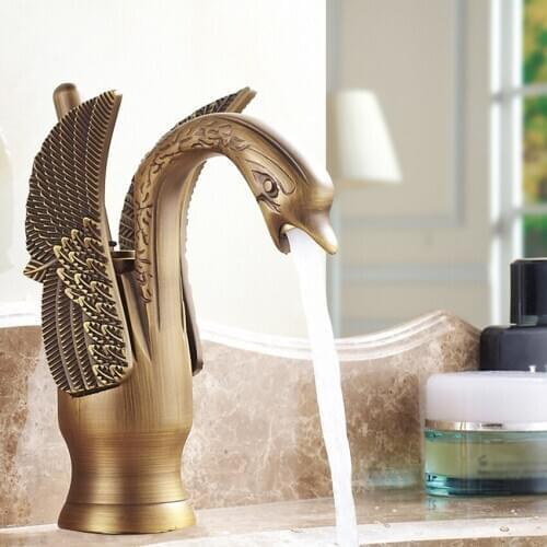 Antique Brass Swan Shape Bathroom Basin Sink Faucet One Hole Traditional Style Mixer Tap Deck mounted With Two Pipes