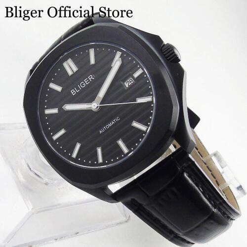 BLIGER Automatic Mens Watch PVD Black Case With Sapphire Glass Date 39mm Self Winding Watch