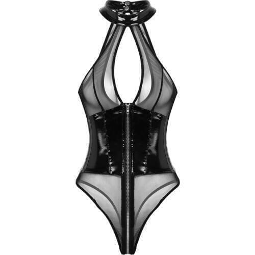 Women Wet Look Patent Leather See Through Sheer Mesh Splice Lingerie Halter Neck Breast Hollow Out Leotard Bodysuit Nightwear