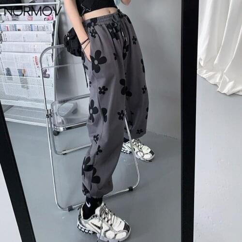 NORMOV Women Pants Fashion Floral Print Cargo Pants High Waist Loose Streetwear Korean Harem Pants Casual Wide Leg Trousers 2021