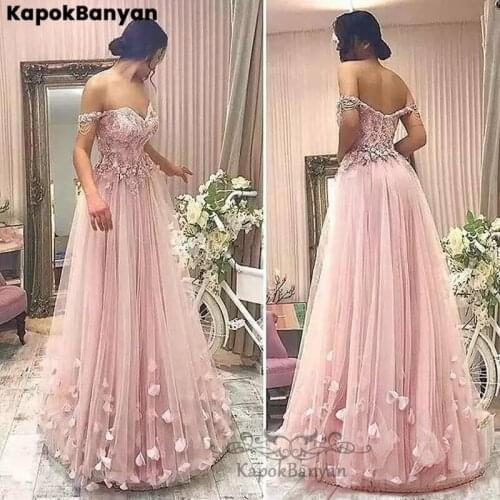 Flowers Off-the-shoulder Zipper Tulle A-line Long Prom Dresses Lace Applique Beads Party Gown