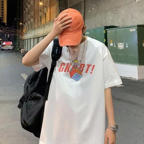 Short-Sleeved T-Shirt Mens Trendy Brand Loose Wild Casual Personality Hong Kong Style Half-Sleeved Top Clothes Korean Cartoon P