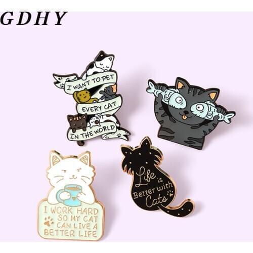 GDHY Meow Cat Enamel Pins Fish and Banner cat“i want to pet every cat in the world”Cats Badge Custom Brooch Lapel Animal Jewelry