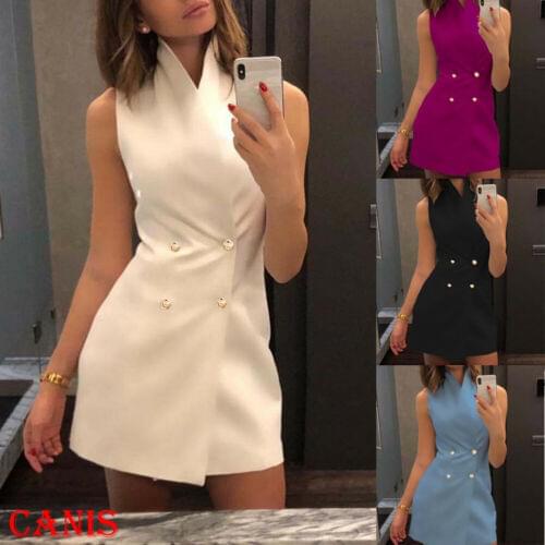 Hot Sale Womens Fashion Sleeveless Button High-waist Stand Collar Slim Fit Above knee Dress Casual Suit Vest Dress S-XL