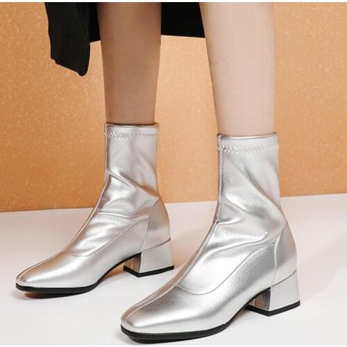Classic White Ankle Boots for Women Low Heel Short Boots Lady Slip On Patent Leather Gold Silver Party Shoes Woman Autumn Winter
