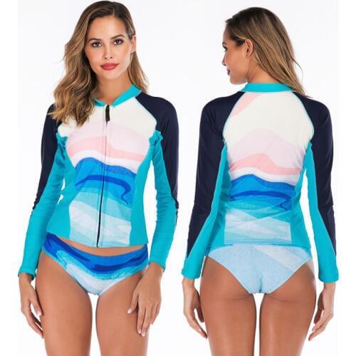 Womens Long Sleeve Zip up Rash Guard Shirt with Briefs Two Piece Sun UV Protection Swimsuit Bathing Suit Padded Rashguards Surf