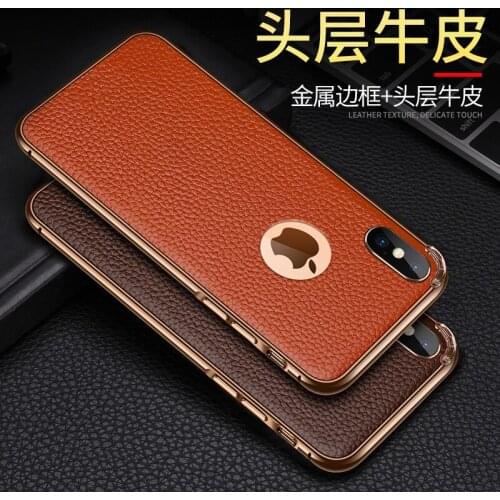 Metal Frame + Cowhide Leather Back Cover For iPhone 7 8 Plus X XR XS Max Stylish Business Luxury Thin Fall Protection Phone Case