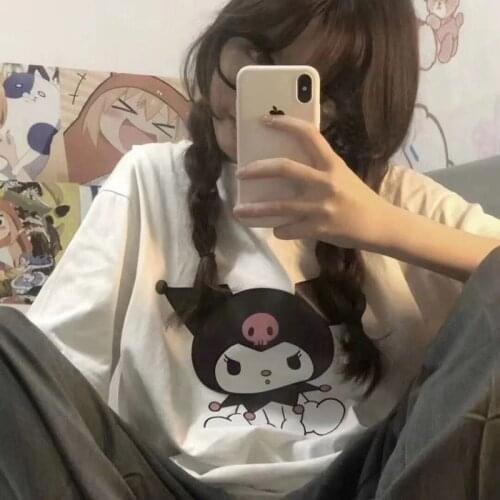 Kawaii Female College Cute Cartoon Kuromied Print Loose T-shirt Student Tops Harajuku Casual Cool Streetwear Women Y2k Tshirt