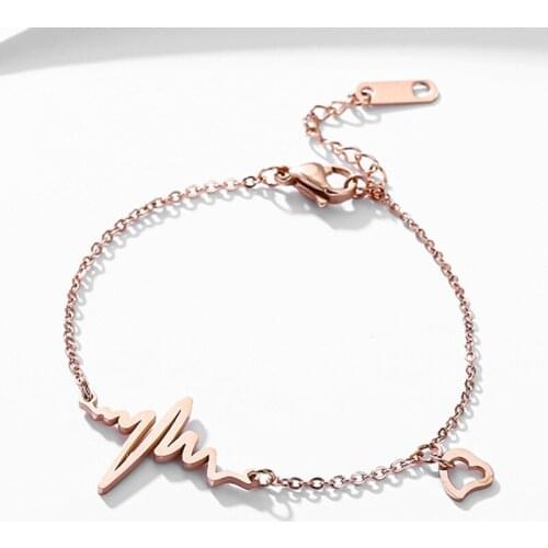 316L Stainless Steel Fashion Upscale Jewelry Rose Gold Color Love Heart Heartbeat Frequency Charms Chain Bracelet For Women