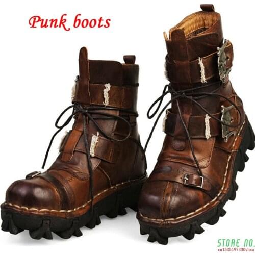 Mens Genuine Leather Boots Hiking Boots Men Motorcycle Boots Military Combat Boots Gothic Skull Punk Ankle Boots Warm Handmade