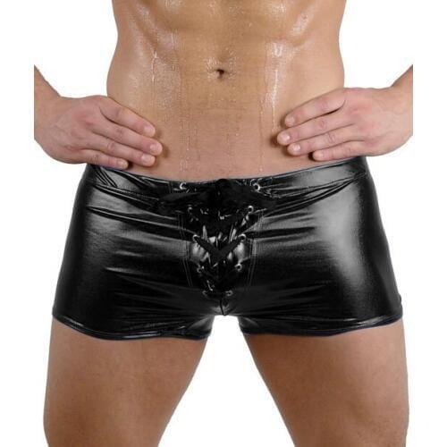 2017 Mens Sexy Faux Leather Shiny Boxers Underwear/Gay Male Latex Shorts Panties Black Blue Gold Silver Swimwear Cool Lingerie