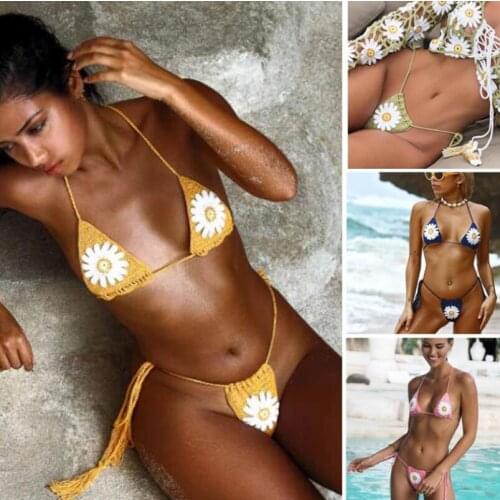 New Arrival Handmade Crochet Flower Micro Bikini Thong String Beach Micro Swimwear Sexy Lingerie Sets