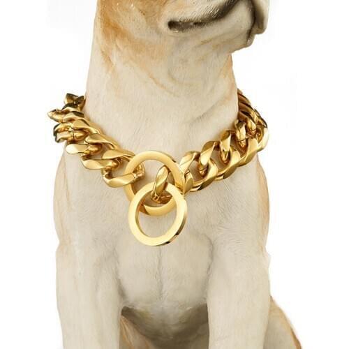 Tiasri Dog Collar Designer Large Dog Collar Dog Chain Choker Gold Color Thick Stainless Steel Link Slip Adjustable Chain 19mm