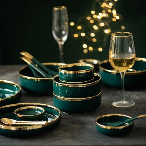 Nordic luxury emerald-gold-rimmed dish household dishes deep dish ceramic cutlery dishes set dinner set plates and dishes
