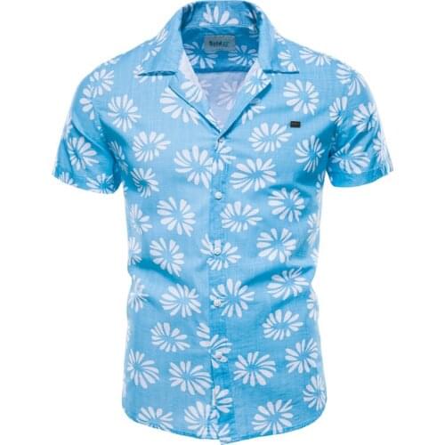 Summer Casual Short-Sleeved Hawaii Mens Shirts 100% Cotton Linen Shirt Men Flower Printed High Quality Shirt for Men