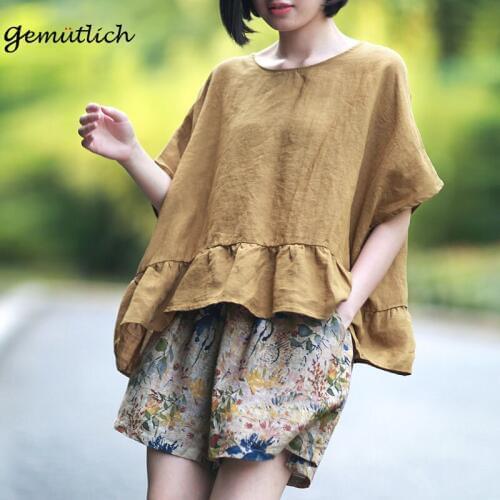 GEMUTLICH Summer Cotton Linen Loose Short Sleeve Shirt O-Neck Over Size Pullover Shirts Batwing Sleeve Ruffles Female