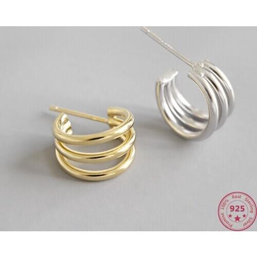 Korean Version Of 925 Sterling Silver Ear Studs Three Lines Simple Style Trend Wild Circle Style Female Jewelry