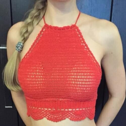 Handmade Crochet Beach Push UP Crop Top Backless Halter Bikini Tank