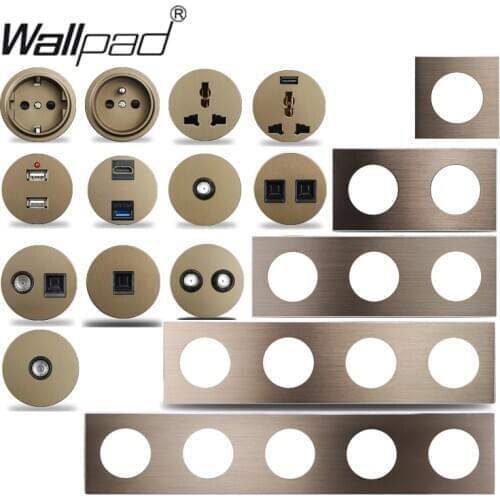 Wallpad L6 EU French Wall Socket USB Charger RJ45 CAT6 HDMI-compatible Audio Modules Brown Brushed Aluminum Panel DIY