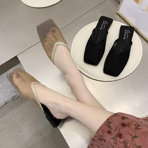 Lisapie Women Slippers Mules Half Slides With Heels Square Toe Mesh Hollow Out Black Sandals For Female Slip On Summer Shoes
