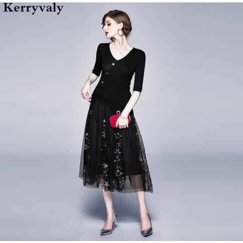 New Summer 2 Piece Set Women Sweater Shirt + Black Embroidered Mesh Skirt Suits Vestidos De Verano Sukienki K8079