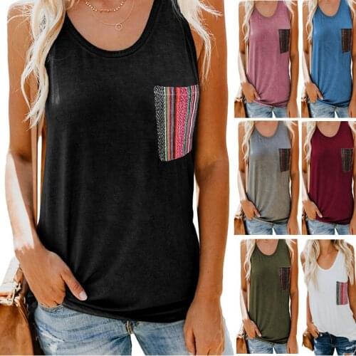 Womens summer pullover Vest solid 2021 new loose casual round neck pocket Plaid top women