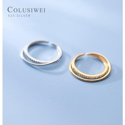 Colusiwei Real 925 Sterling Silver Glitttering Zircon Geometric Cross Line Opening Ring for Women Engagement Rings Fine Jewelry