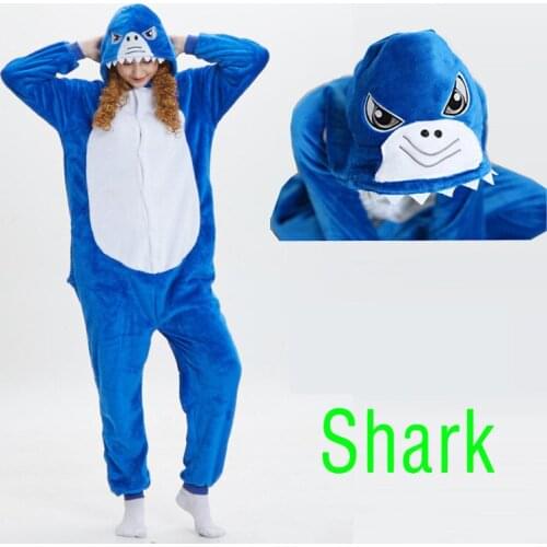 Winter Plus Size Lingere Flannel Shark Cartoon Animal Pajamas Hooded Onsies Pajamas Cosplay Lounge Underwear Adult Sleepwear