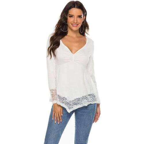 2021 New womens T Shirt Sexy Lace long-sleeved Deep V Neck Top Fashion Casual Wild Female T Shirt