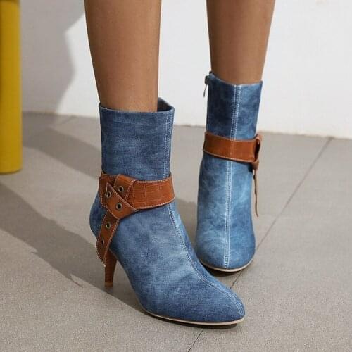 2021 New Blue Denim Plaid Belt Buckle Boots Women Thin High Heel Boots Pointed Toe Sexy Zip Shoes Female Ankle Boots Size 34-43