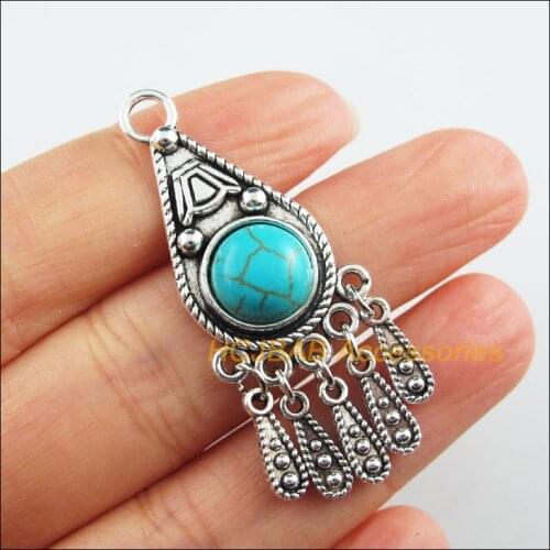 5 New Flower Charms Tibetan Silver Stone Teardrop Tassels Pendants Retro 19x48mm