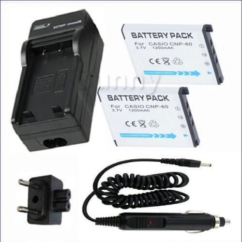 Battery (2-pack) and Charger for Casio NP-60, NP 60, NP60 Rechargeable Lithium Ion 3.7V 1200MAH