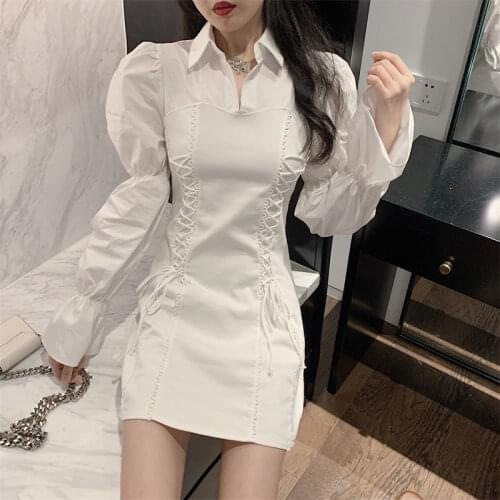White Gothic Dress Women Autumn Elegant Bandage Mini Dress Female Hepburn Style Korean One-Piece Dress Gothic Clothing 2021 New