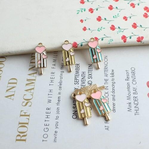 Free Shipping 100pcs 9*22mm Love Heart Decroated Enamel Alloy Kawaii Ice Cream Charms Ornament Accessories Necklace Pendants
