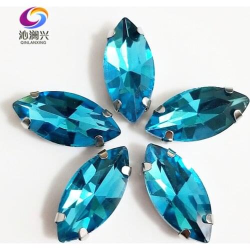 Free shipping Lake blue Horse eye shape High quality Glass Crystal sew on loose claw rhinestones,Diy Clothing accessories SWM13