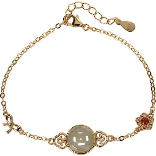 S925 sterling silver gold plated Hetian jade gray jade bracelet retro national trend hollow Ruyi ladies bracelet