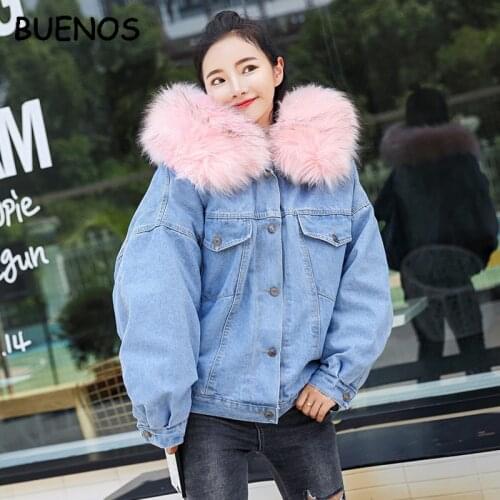 BUENOS autumn winter warm 2019 jacket women large fur hood denim jacket plus velvet thick loose short lamb coat female