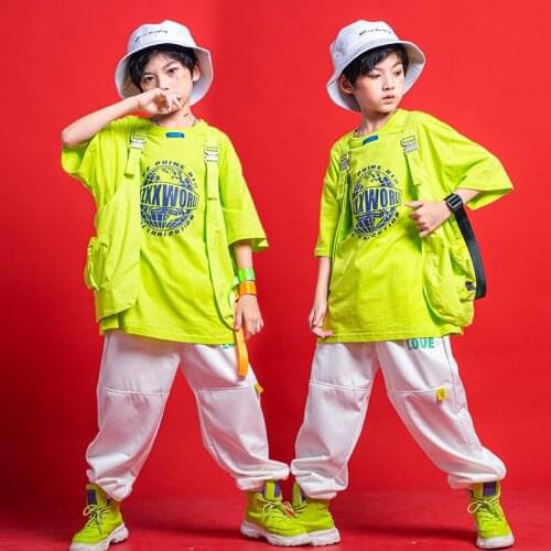 Hip Hop Dance Costumes For Kids Fluorescent Loose Vest Cargo Pants Suit Dancer Outfits Jazz Dance Costumes Rave Clothes DQS7701