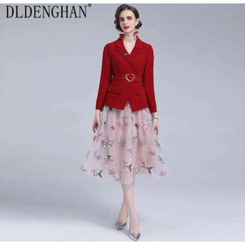 DLDENGHAN Runway Designer Autumn Suit Women Long Sleeve Double Breasted Jackets + Butterfly Embroidery Mesh Skirt Two Piece Set