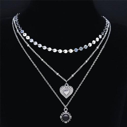 3pcs Gothic Stainless Steel Black Stone Layered Necklaces Women Heart Charm Necklace Jewelry acier inoxydable bijoux NXS02