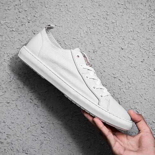 New Style Casual Mens Genuine Leather White Shoes Men Lace-up Sneakers Male Handmade Luxury Footwear High Quality Walking Flats
