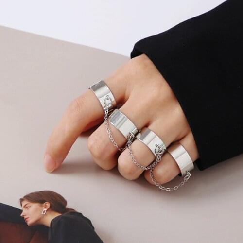 Punk Cool Hip Pop Rings Multi-layer Adjustable Chain Four Open Finger Rings Alloy man Rotate Rings for Women Party Gift