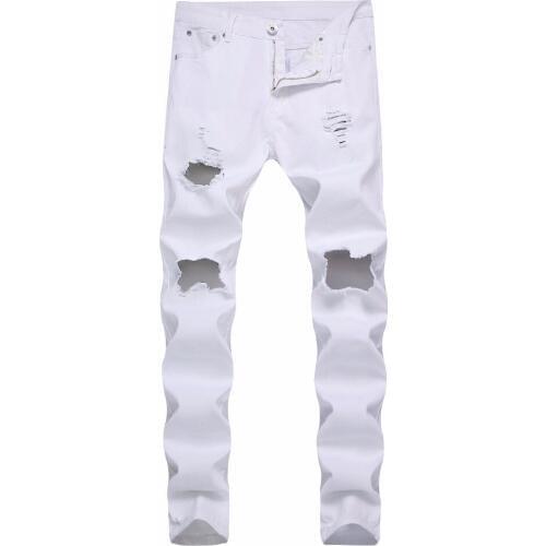 HOT 2020 Fashion Casual Men jeans big Ripped hole white mens small micro elastic straight denim joker hip hop cowboy pants