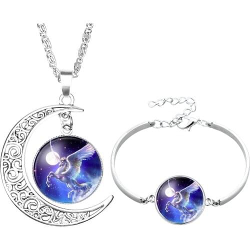 Fashion Silver Color Multi Unicorn Horse Photo Glass Cabochon Necklace Bracelet Jewelry Set For Girls Women Best Sale