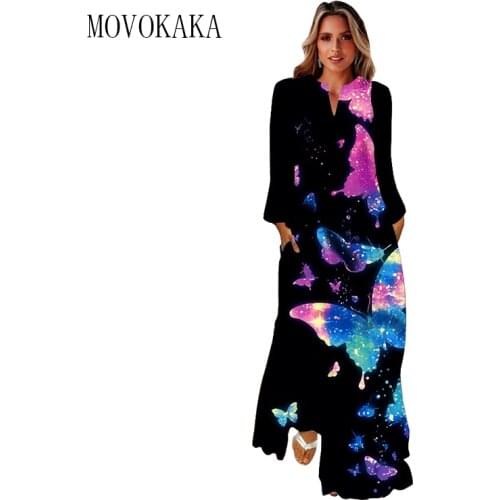 MOVOKAKA Black 3D Butterfly Printed Autumn Dress 2021 Long Sleeve Long Dresses Woman Elegant Girls Casual Breathable Dress Women