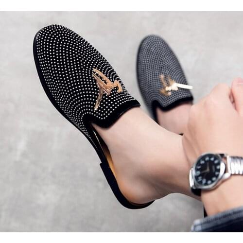 Luxury Men Slipper Mules Backless Loafers Man Leather Diamond Shoes British Retro Flat Heel Party Slippers Shoes Chaussure Homme