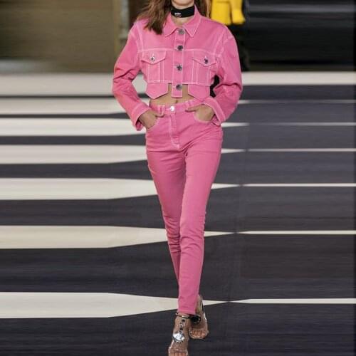 New Arrivals Fashion Pink Long Sleeve Casual Slim Buttons Jackets & Pants Women Two Pieces Set Vintage High Street Pants Outfits