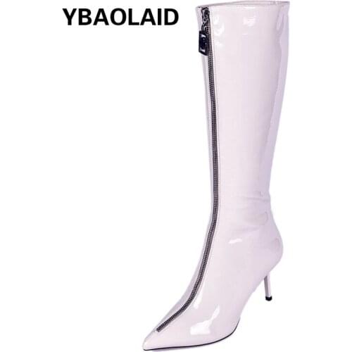 Pointed PU Leather Front Zipper But Knee Boots Autumn and Winter New Solid Color Stiletto Heel All-match Womens Boots