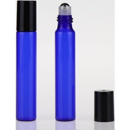 Empty 10ML Blue Glass Roll On Thin Glass Roller Vials Cosmetic Essential Oil Roll On Bottle with Metal Ball 100pcs/lot