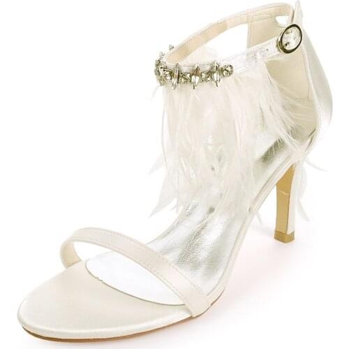 High Heels Feather Wedding Sandals Shoes Open Toe Ankle Buckle Strap Heeled Formal Evening Party Summer Ladies Sandals